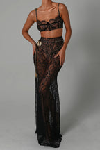 Stylish Lace Camisole Bra Top and Vacation See-through Maxi Fishtail Skirt Set