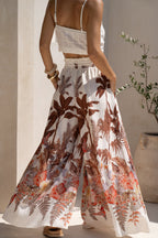Leaf Print Casual Elastic Waist Pocket Loose Wide-leg Pants