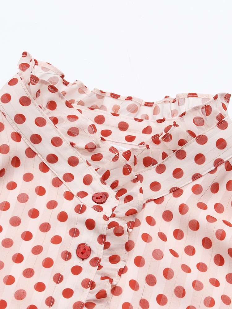 Polka Dot Mock Neck Button Front Ruffle Cuff Fit and Flare Midi Dress