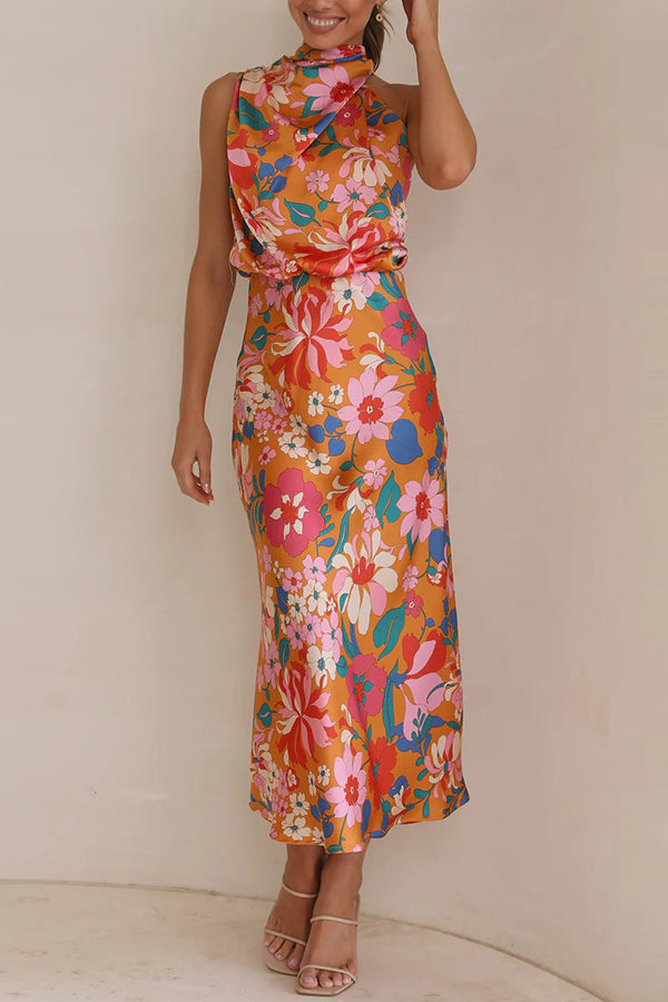 Cowl Neck Sleeveless Floral Print Satin Bias Cut Midi Dress