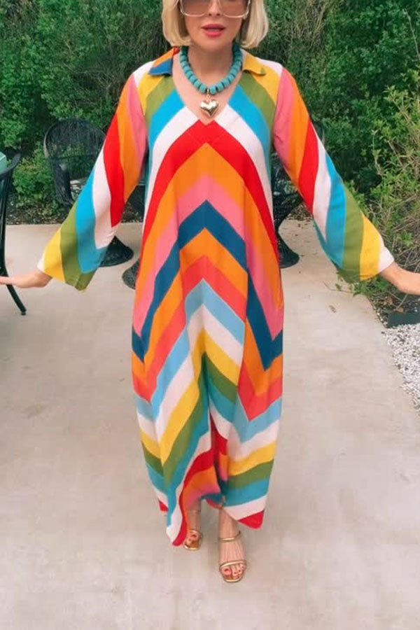 Rainbow Skyline Color-block Print Pocket A-line Shirt Maxi Dress