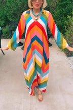 Rainbow Skyline Color-block Print Pocket A-line Shirt Maxi Dress