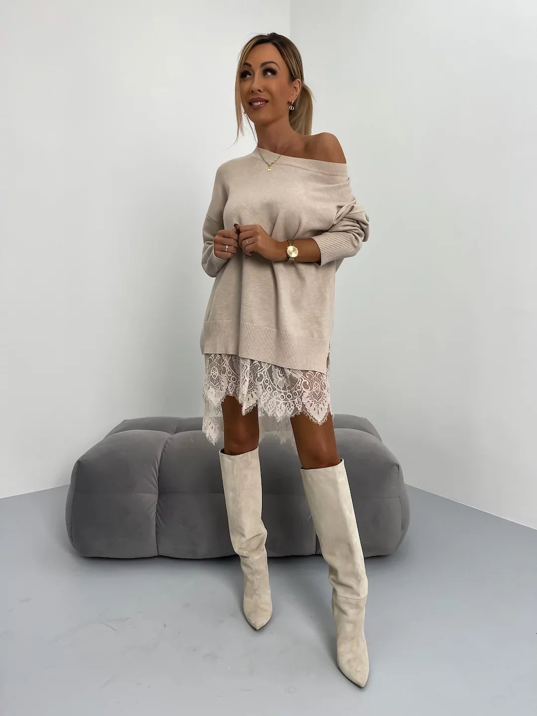 Lace Split Mid-Length Round Neck Hoodie