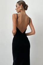 Square Neck Spaghetti Strap Velvet Front Slit Bodycon Midi Dress