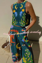Island Dreaming Linen Blend Unique Print Tank and Elastic Waist Pocketed Pants Set