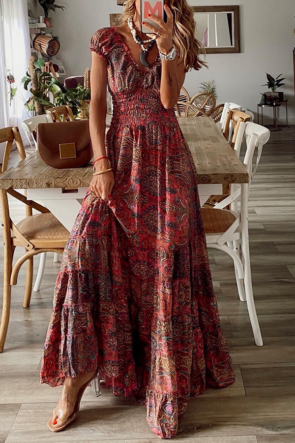 Paisley Print Ruffle V Neck Smocked Waist Tiered Maxi Dress