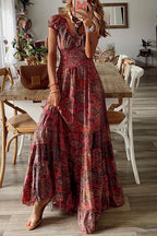 Paisley Print Ruffle V Neck Smocked Waist Tiered Maxi Dress