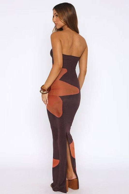 Strapless Large Lily Floral Print Mesh Bodycon Maxi Dress