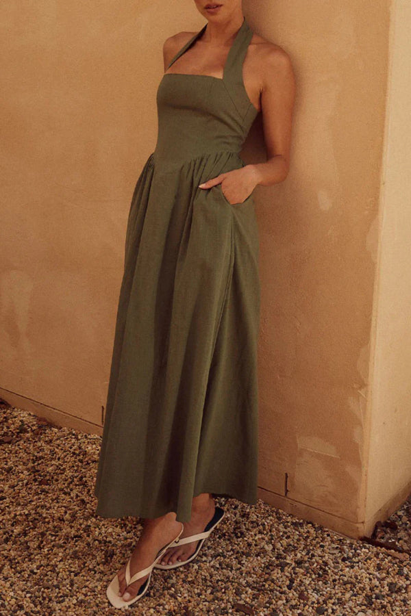 Yolaina Premium Plain Sleeveless Dresses with Pocket Pleats and Halterneck Wardrobe Essential