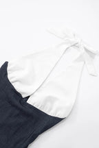 Halter Neck Deep V-Neck Ruched Contrast Waist Puff Skirt Mini Dress