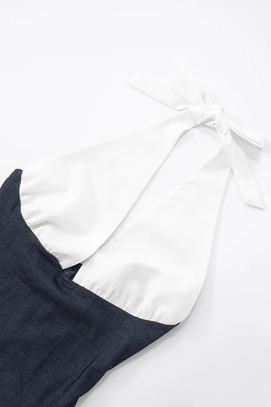 Halter Neck Deep V-Neck Ruched Contrast Waist Puff Skirt Mini Dress