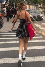 Black Halter Neck Square Neck Polka Dot Flared Ruffle Mini Dress