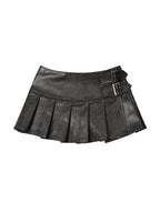 Vintage Buckle Detail Pleated Leather Mini Skirt