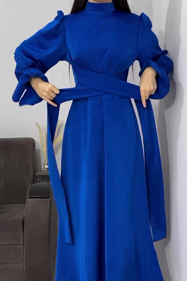 Mock Neck Bishop Sleeve Ruched Waist Satin Maxi Dress