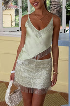 Stylish V-neck Backless Asymmetrical Camisole and Tassel Casual Mini Skirt Vacation Set