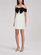 Off-the-Shoulder Contrast Bow Strap A-Line Mini Dress