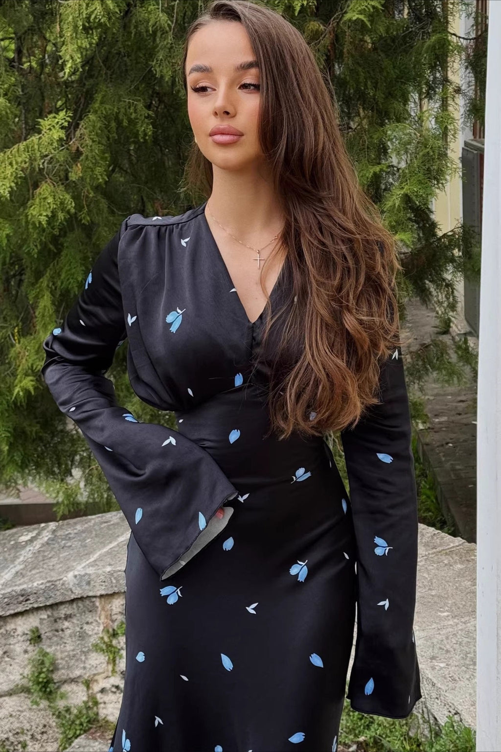Deep V Neck Flared Sleeve Tiered Maxi Floral Print Dress