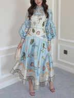 Puff Sleeve Button Front Nautical Seashell Print Belted A-Line Midi Dress
