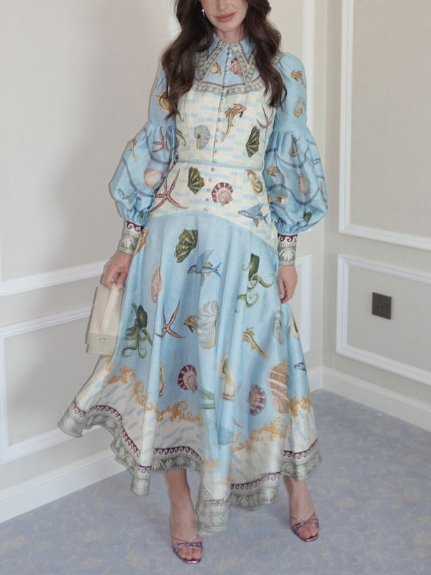Puff Sleeve Button Front Nautical Seashell Print Belted A-Line Midi Dress