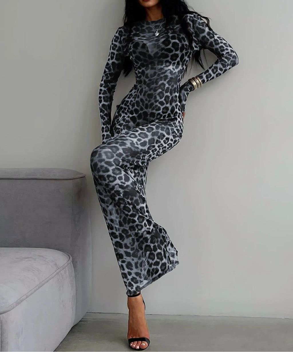 Print Mock Neck Long Sleeve Bodycon Maxi Dress
