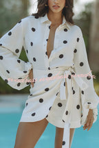 Effortlessly Linen Blend Polka Dot Balloon Sleeve Blouse and Wrap Tie-up Loose Mini Skirt Set