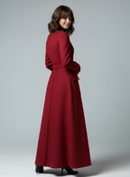Woolen Full-Length Maxi Coat With Stand Collar And Flap Pockets For Women 2026