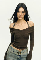 Ribbed Off-Shoulder Brown Knit Top