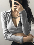 Solid Color Plunge Neck Crop Long Sleeve Knit