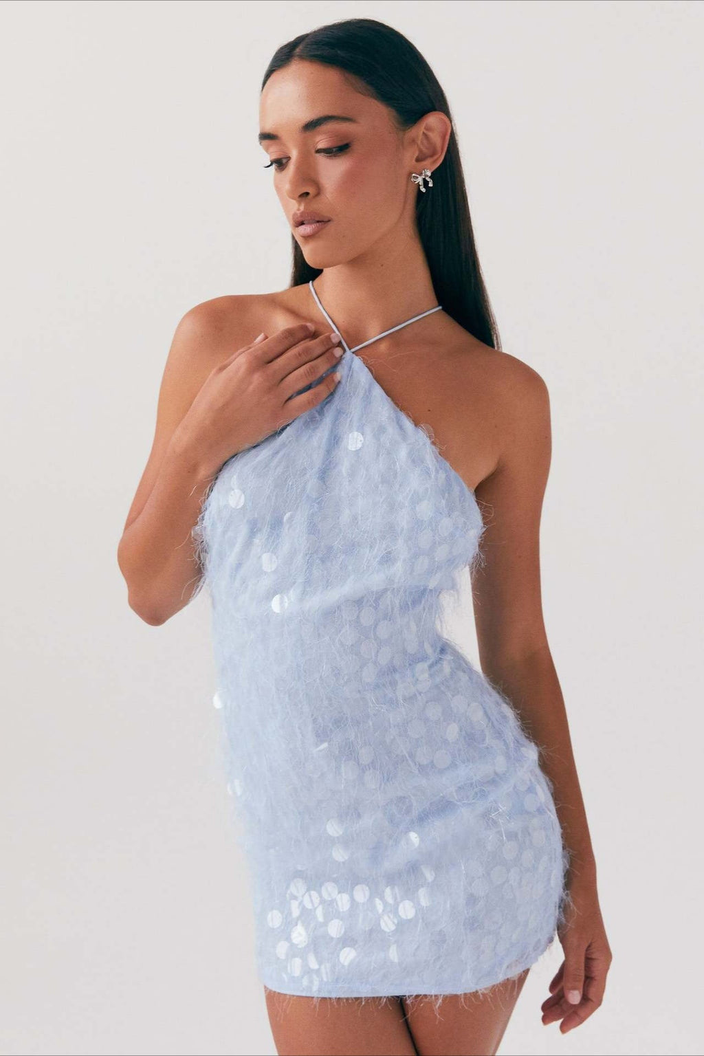 Blue Backless Halter Sequin Lace-up Dress