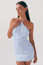 Blue Backless Halter Sequin Lace-up Dress