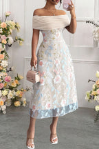 Elegant Ruched Off-Shoulder Floral Appliqué Midi Dress