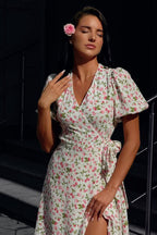 Puff Sleeve Heart Print Wrap Tie Waist Thigh Slit Midi Dress