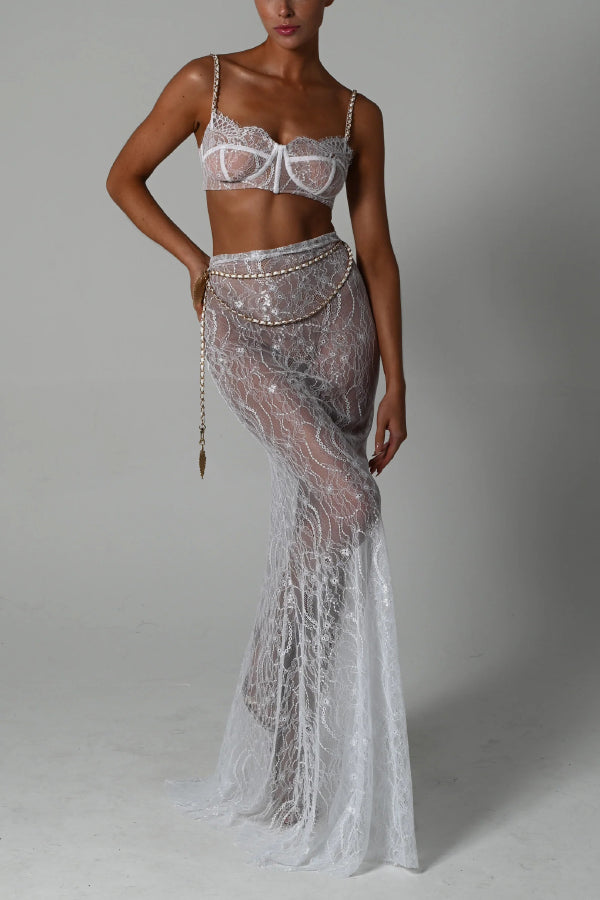 Stylish Lace Camisole Bra Top and Vacation See-through Maxi Fishtail Skirt Set
