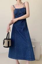 Denim Bustier Spaghetti Strap Panel Seam A-Line Midi Dress