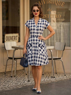 Gingham Vintage Dress Short Sleeve Hepburn Style A-line Midi Dress For Women 2026