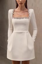 Velvet Square Neck Rhinestone Trim Long Sleeve Pocket A-Line Mini Dress