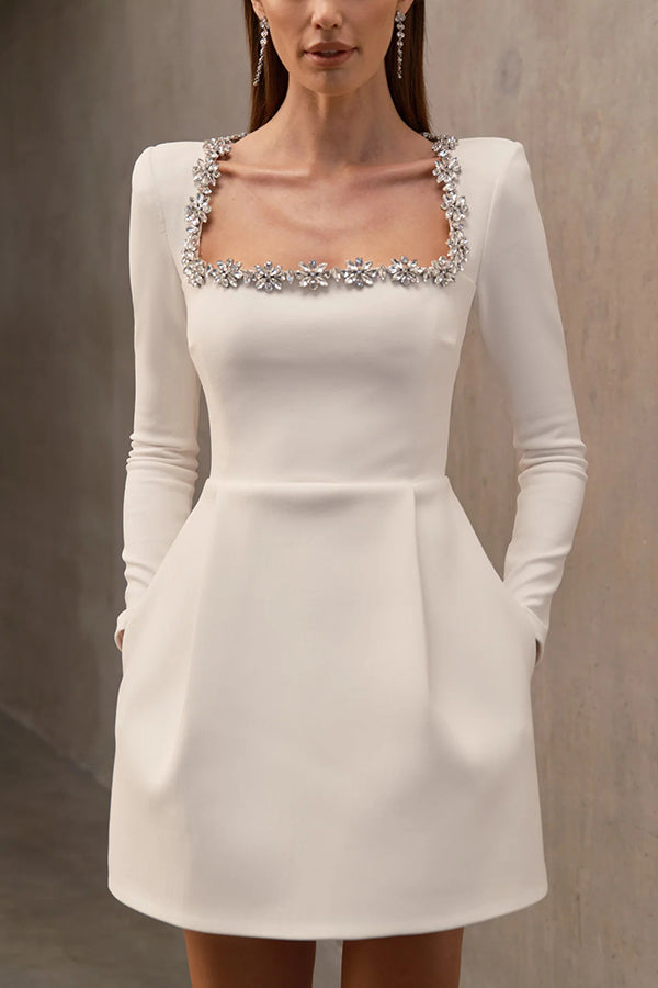 Velvet Square Neck Rhinestone Trim Long Sleeve Pocket A-Line Mini Dress