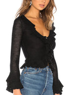 Solid V Neck Ruffle Long Sleeve Knit