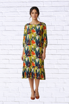 Women__ Abstract Leaf Print Woven Midi Dress _ 3/4 Sleeve Tiered Hem Casual Chic Dres