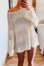 Long Sleeves Hollow Out Crochet Beach Cover Up Dress