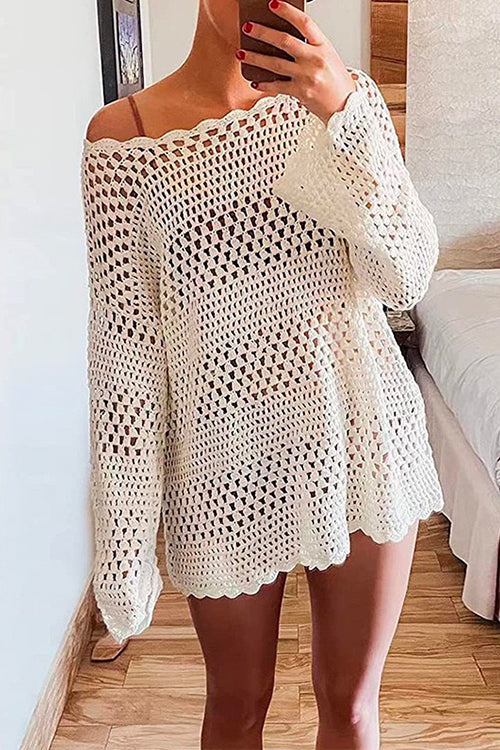 Long Sleeves Hollow Out Crochet Beach Cover Up Dress