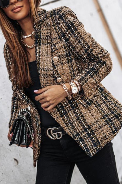Double Breasted Open Front Plaid Blazer Jacket