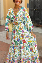 3/4 Sleeves Twist Front Floral Print Tiered Maxi Dress