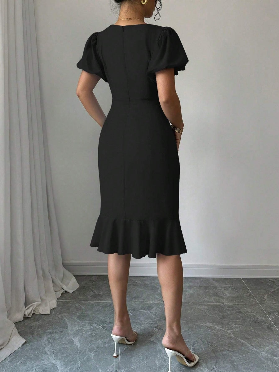 Round Neck Lantern Sleeve Ruffled Fishtail Midi Dress