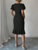 Round Neck Lantern Sleeve Ruffled Fishtail Midi Dress