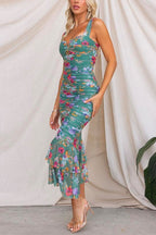 Mesh Overlay Ruched Floral Bodycon Midi Cami Dress