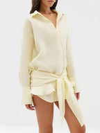 Pure Cotton Lapel Hip-hugging Shirts Mini&Short Dresses