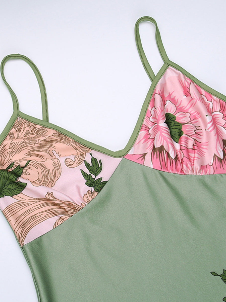 V-neck Camisoles Printed Sexy Backless Maxi Dresses