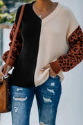 V Neck Leopard Splice Color Block Cozy Sweater