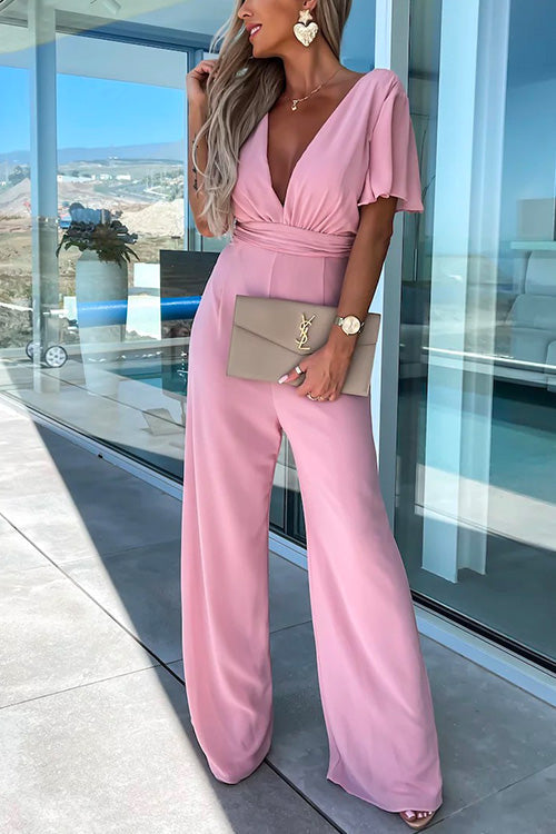 Deep V Neck Ruffle Sleeve High Waist Wide Leg Jumpsuit